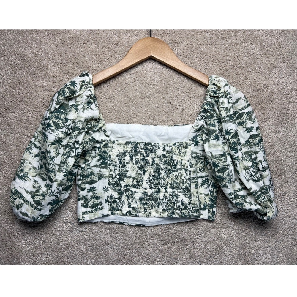 Abercrombie Fitch Smocked Square Neck Crop Top NWT Puff Sleeve Linen Tropical XS - Picture 2 of 10